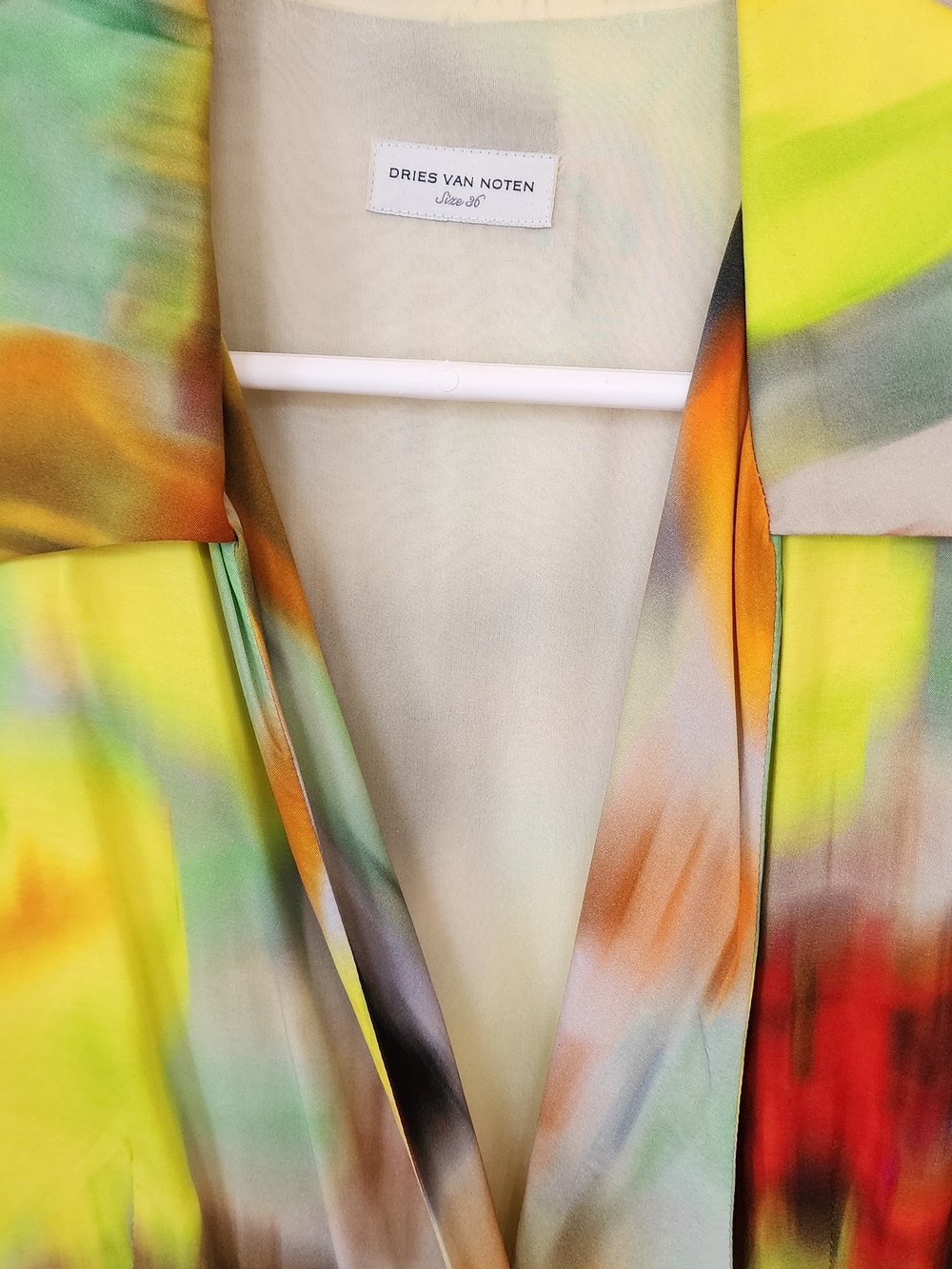 Dries Van Noten Green Multi Watercolor Wrap Midi Dress Size S - Picture 6 of 10
